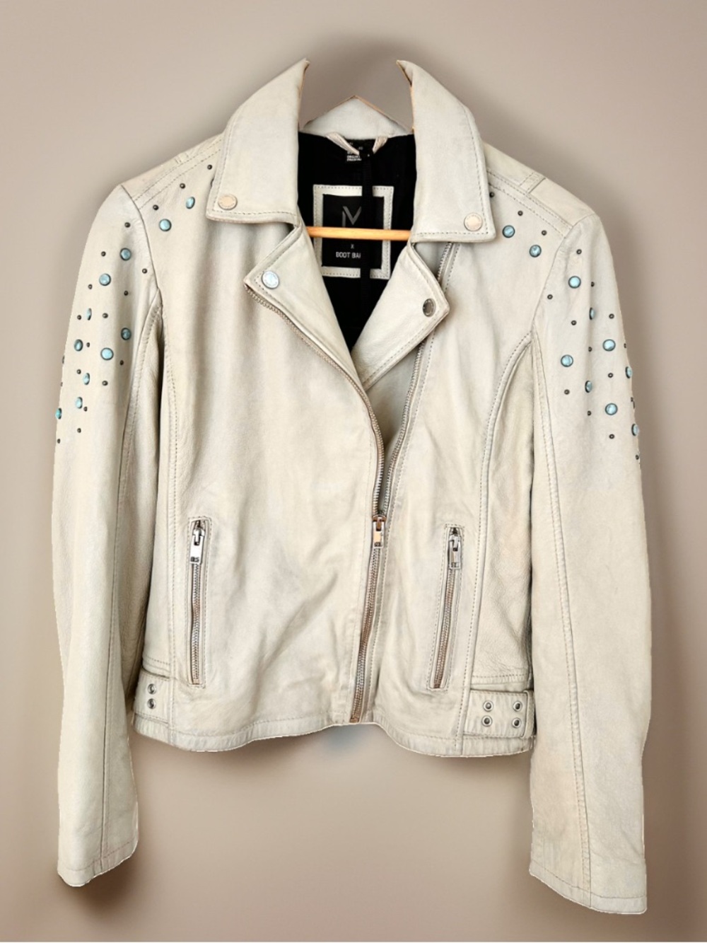 Mauritius Cassidy Taupe Leather Turquoise Studded Jacket Size 5/6